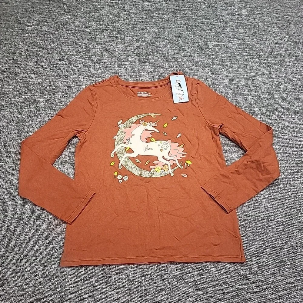 Cat & Jack Girls Long Sleeves Graphic Tee Shirt Medium Sz 8 Dark Chestnut Top
